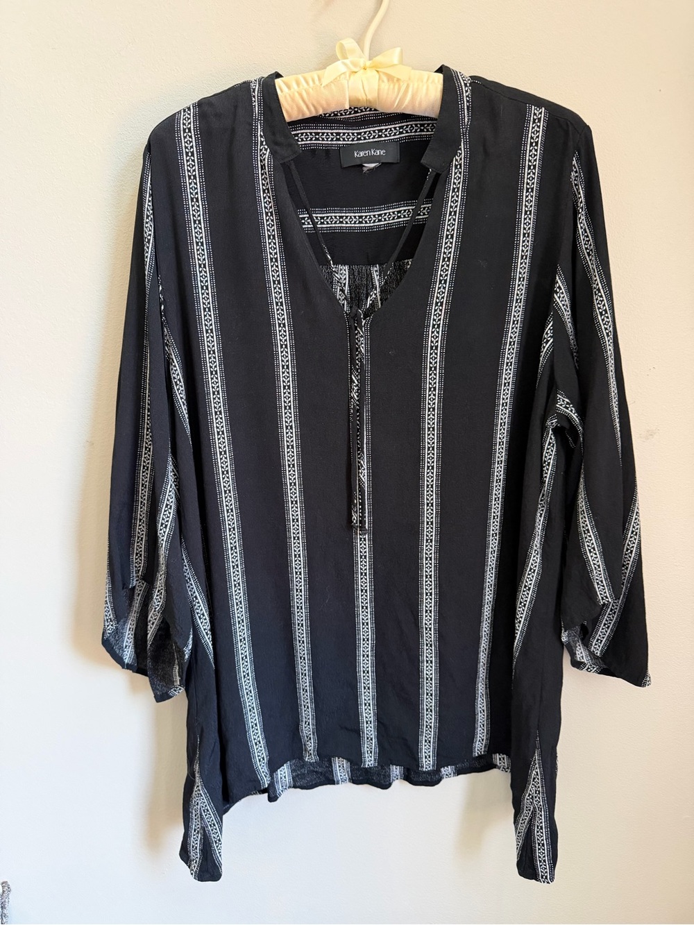 Karen Kane Black Tunic with White Stripe Embroidery Detail